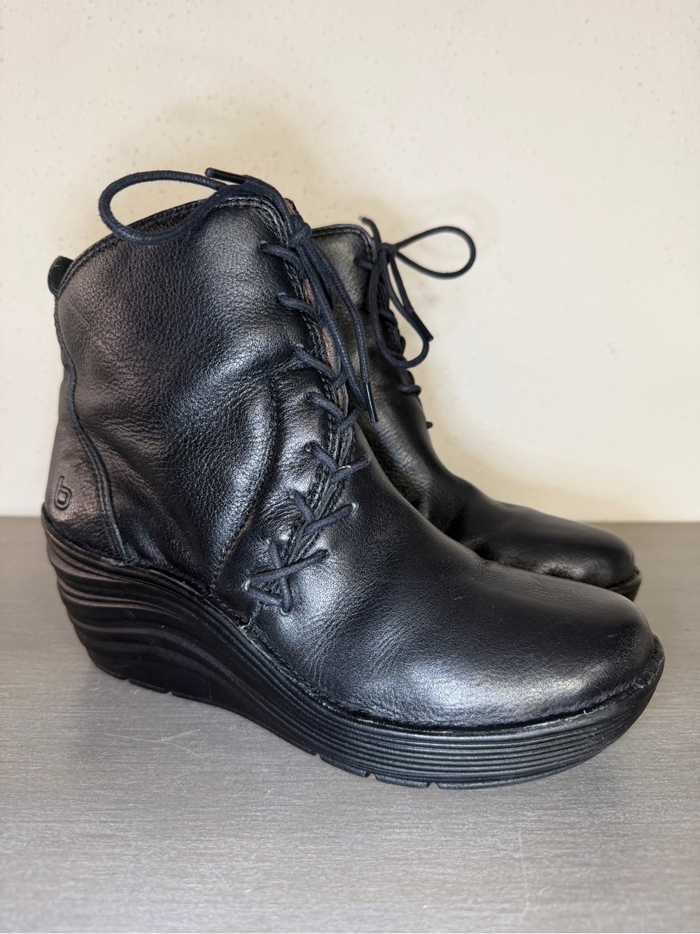 Bionica Corset Boots Women's 9M Black Leather Comfort Lace Up Zip Wedge Booties